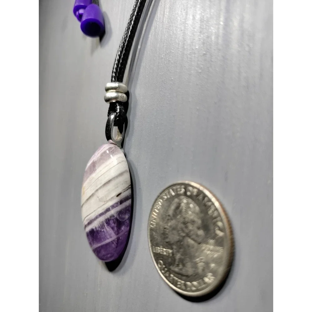 TrailerSpark Banded Amethyst Pendant Necklace 18in Black Waxed Cord Break Away